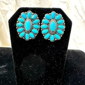 Antique Silver Plated W/Turquoise, Inlays Measures 1 X 1 1/8” Inches, Beautiful.